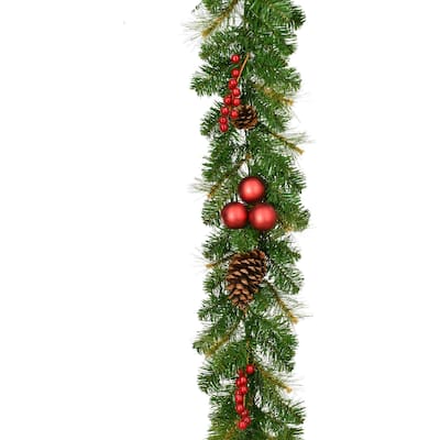 Fraser Hill Farm 9-Ft. Joyful Decorative Garland - with Pinecones and Red Berries - 9 Foot