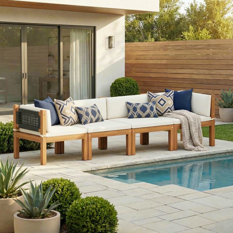 Furniwell Acacia Wood Patio Conversation Set Rope Woven Outdoor Sectional Sofa with Table and Cream Cushions