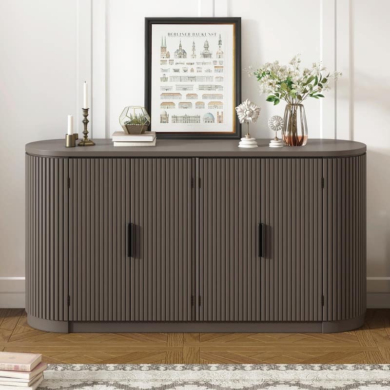 Vertical Striped Door Storage Cabinet with Metal Handles, Adjustable Shelves - Brown