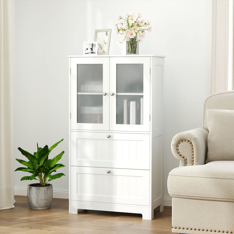 Gymax Bathroom Floor Storage Cabinet Freestanding Cupboard Pantry w/ 2