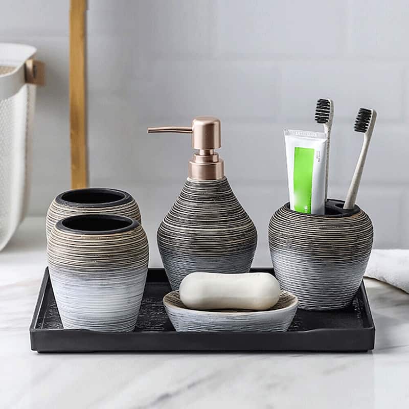 Home Basics 6-Piece Bathroom Accessories Set Ceramics - Gray