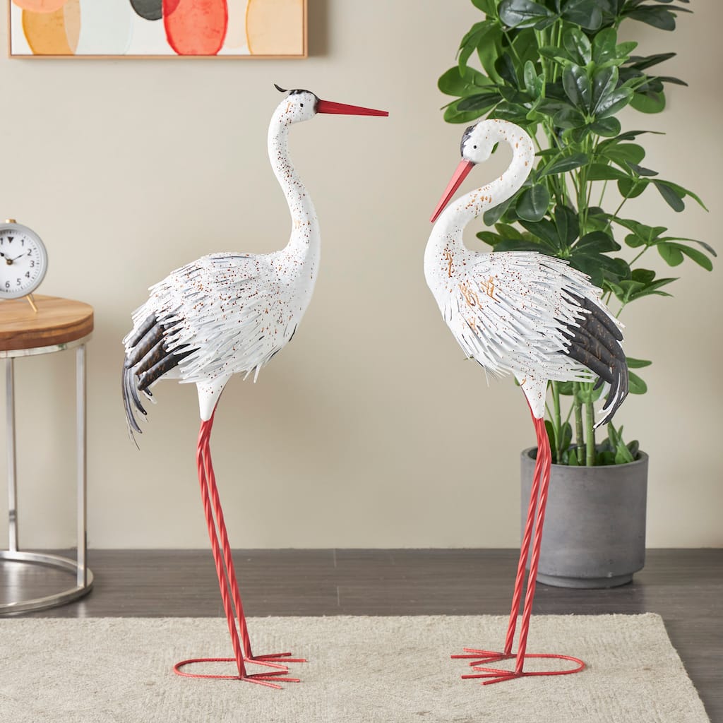 White Metal Tall Crane Decorative Garden Sculpture with Brown Speckled Texture and Red Accents (Set of 2)