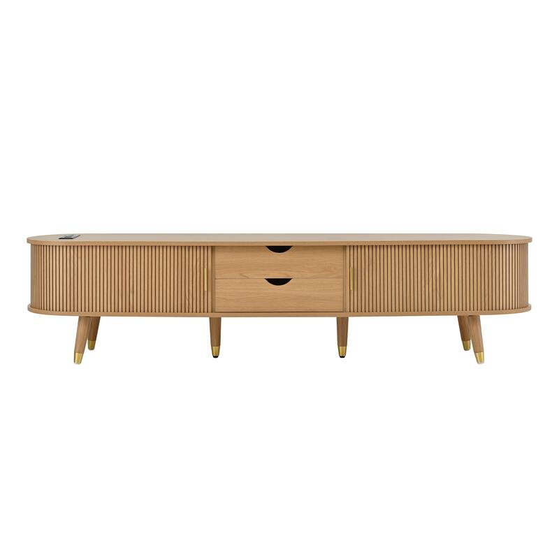 Wooden Oval TV Stand with Charging Station for TV up to 80", Fluted Sliding Tambour Door TV Cabinet Media Console, Natural