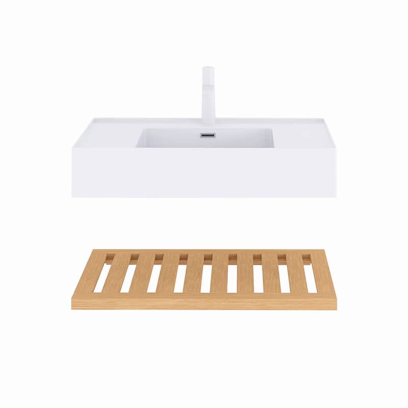 Wall-Mounted Bathroom Vanity in Natural Wood with White Integrated Acrylic Sink