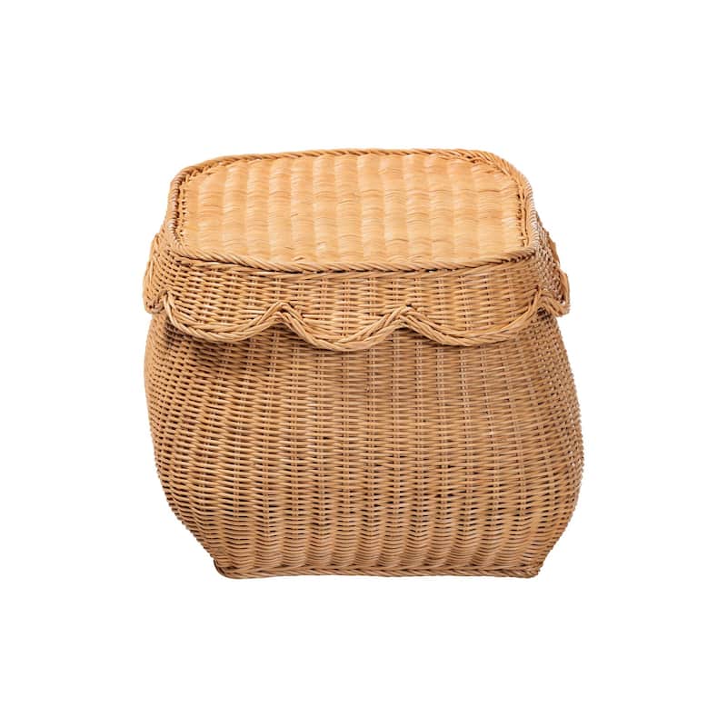 Ayleen Natural Rattan Basket with Scalloped Lid - Handwoven Wicker Storage Box, Boho Coastal Home Décor
