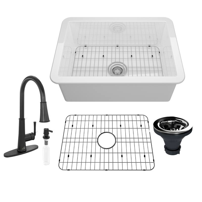 CASAINC All-in-One Fireclay 27 in. Single Bowl Undermount Kitchen Sink with Infrared Sensor Kitchen Faucet and Accessories