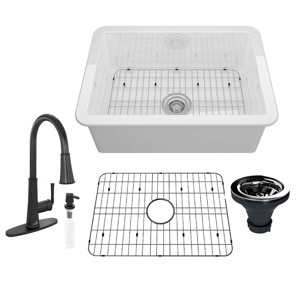 CASAINC All-in-One Fireclay 27 in. Single Bowl Undermount Kitchen Sink with Infrared Sensor Kitchen Faucet and Accessories