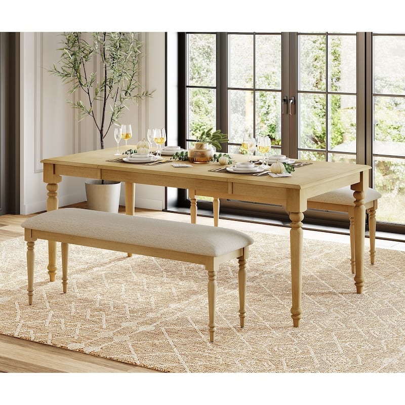 3-Piece Dining Table Set, Wood Dining Table & 2 Padded Benches, Oak
