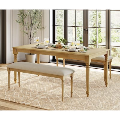 3-Piece Dining Table Set, Wood Dining Table & 2 Padded Benches, Oak