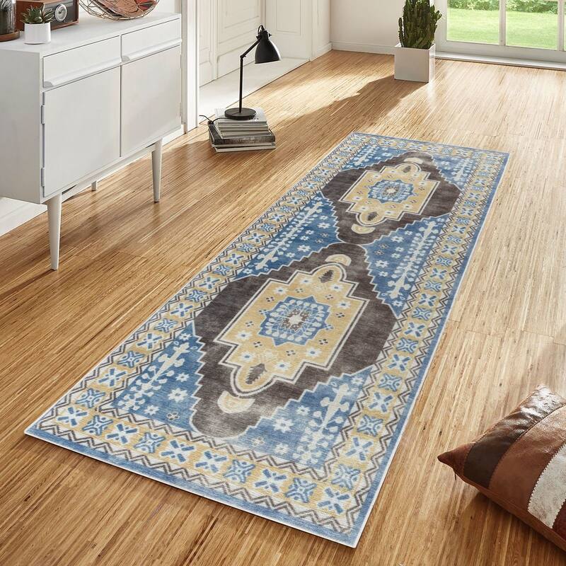 Machine Washable Collection Brown/Yellow/Blue Medallion Area Rug - 2'7'' X 8'0''