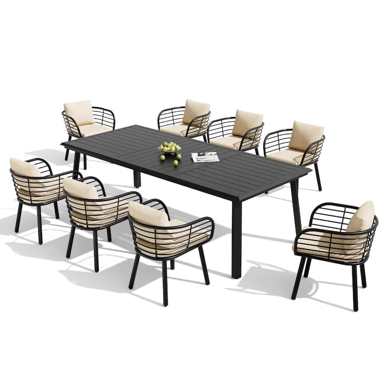 9-PC Outdoor Patio Aluminum Dining Set Table With Dining Chairs Sunbrella Seat&Back Cushions Umbrella Hole - Table-Black&Chairs-CanvasAntiqueBeige
