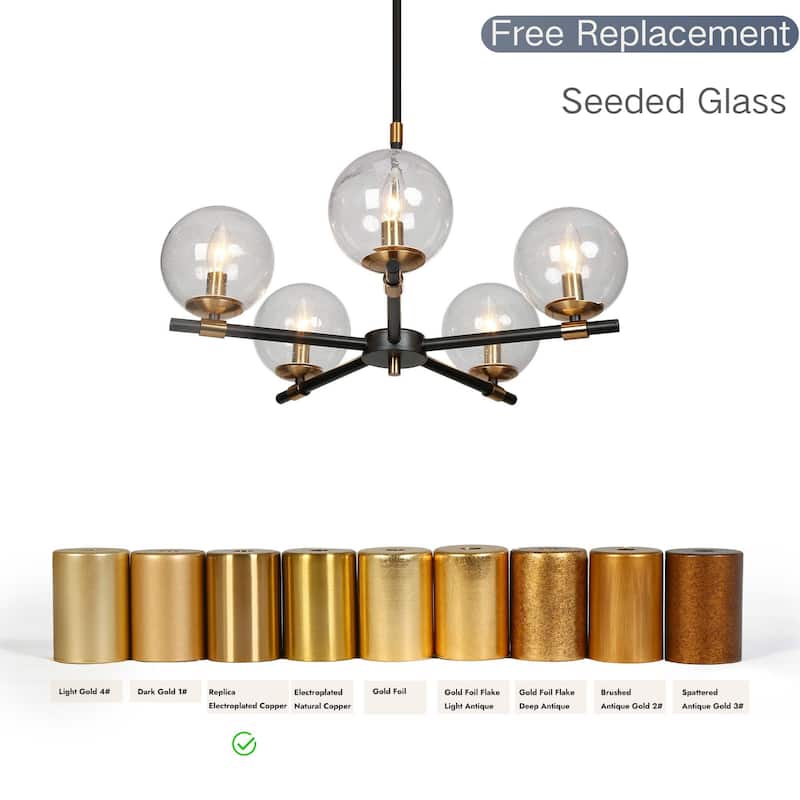 Modern 5-Light Black Gold Wheel Chandelier Globe Glass Pendant Lights for Dining Room - 22" D x 14" H