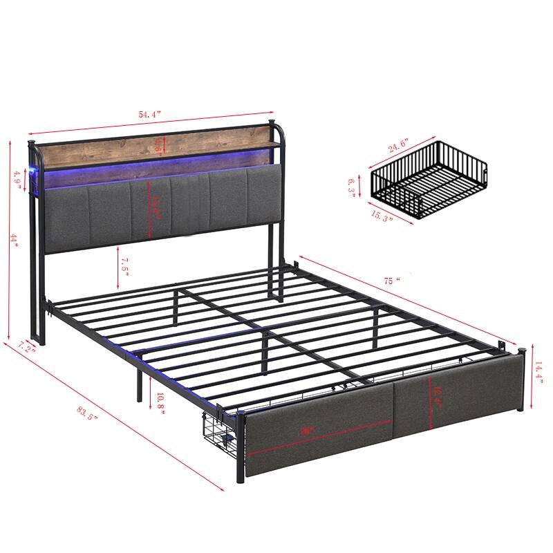Modern Platform Bed with Storage Headboard and Charging Station for Bedroom