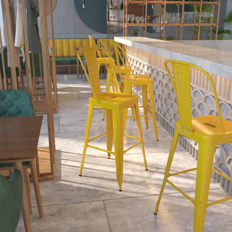 30'' High Metal Indoor-Outdoor Barstool with Back - Yellow