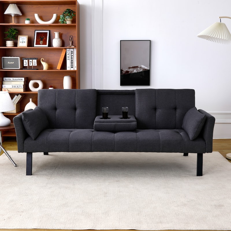 Cotton Linen Fabric Loveseat Sofa Sleeper Sofa Bed for Small Space with Center Table, Cup Holders, Pillows and Side Pockets - Dark Grey