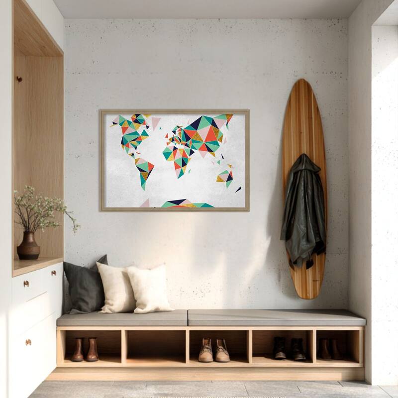 Amanti Art Framed Fabric Pinboard Geometric World Map by Inner circle Printed Bulletin Board - Board Size 36 x 24