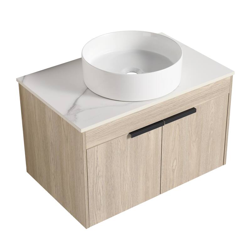 Topcraft Wall Mounted Bathroom Vanity with Sink - 30"-Round Sink - Oak