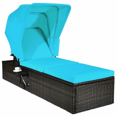Chaise Cushioned Top Canopy Patio Rattan Lounge Chair with Tea Table - 77”x 23.5”x 13”-25”-28.5”-32.5”-35.5”(L x W x H)