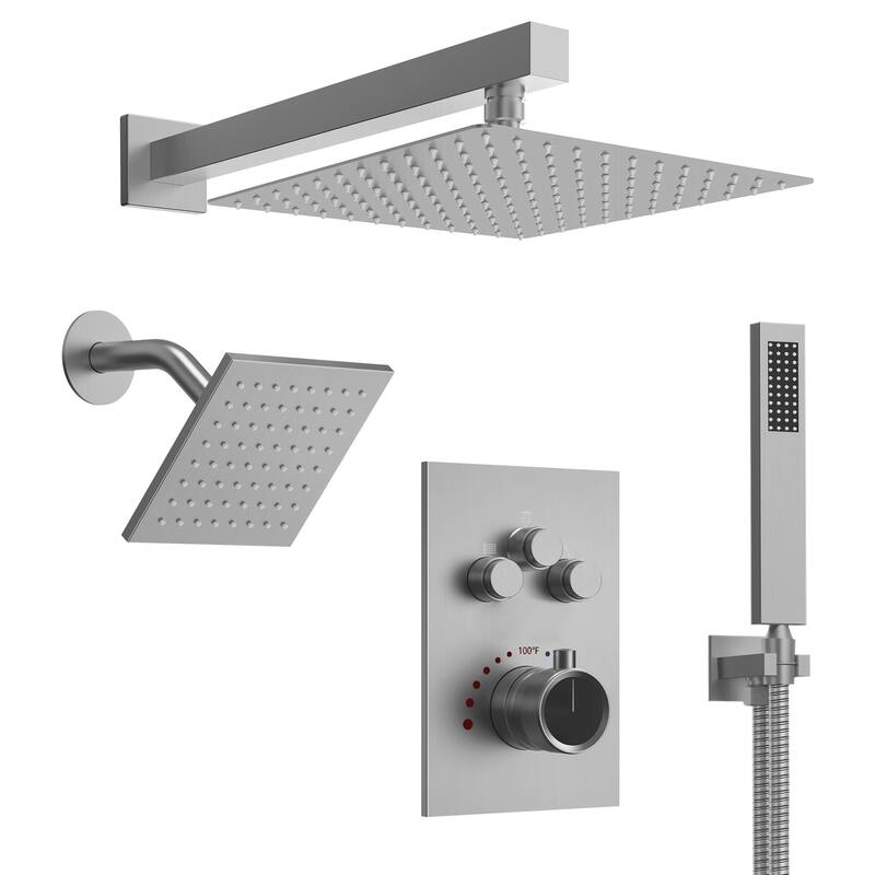 Thermostatic Shower Faucet 12" and 6" High-Pressure Dual Showerheads with Handheld Shower - Brushed Nickel