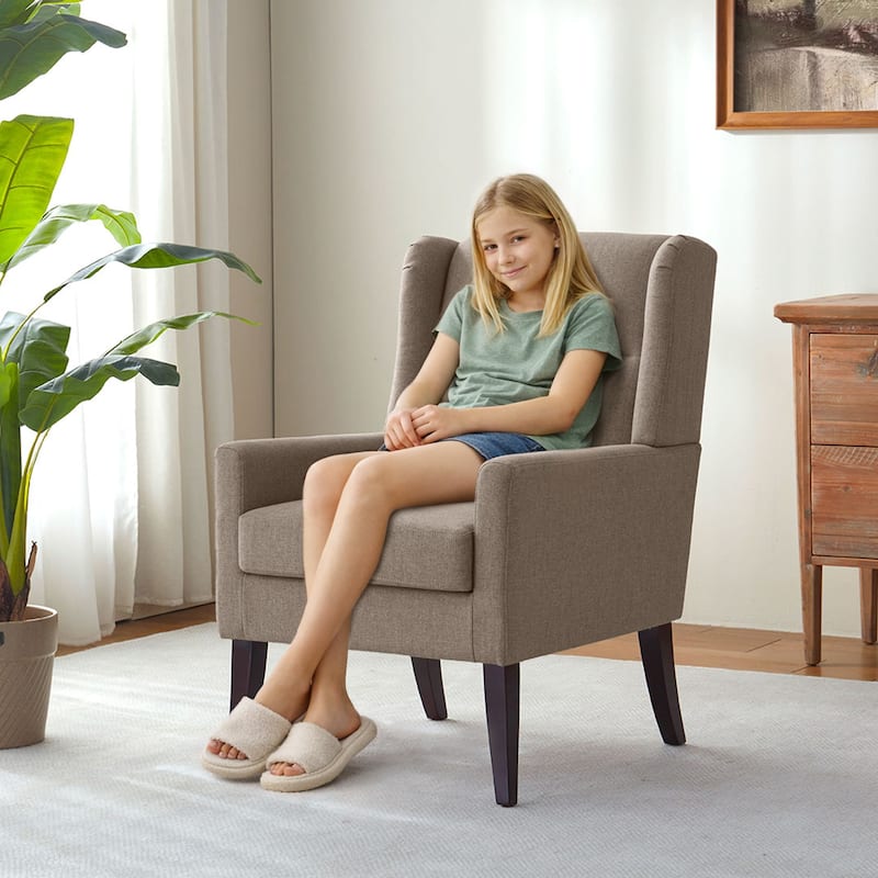 Set of 2 Modern Upholstered Accent Chairs with High Back and Wooden Legs – Grey/Beige/Brown