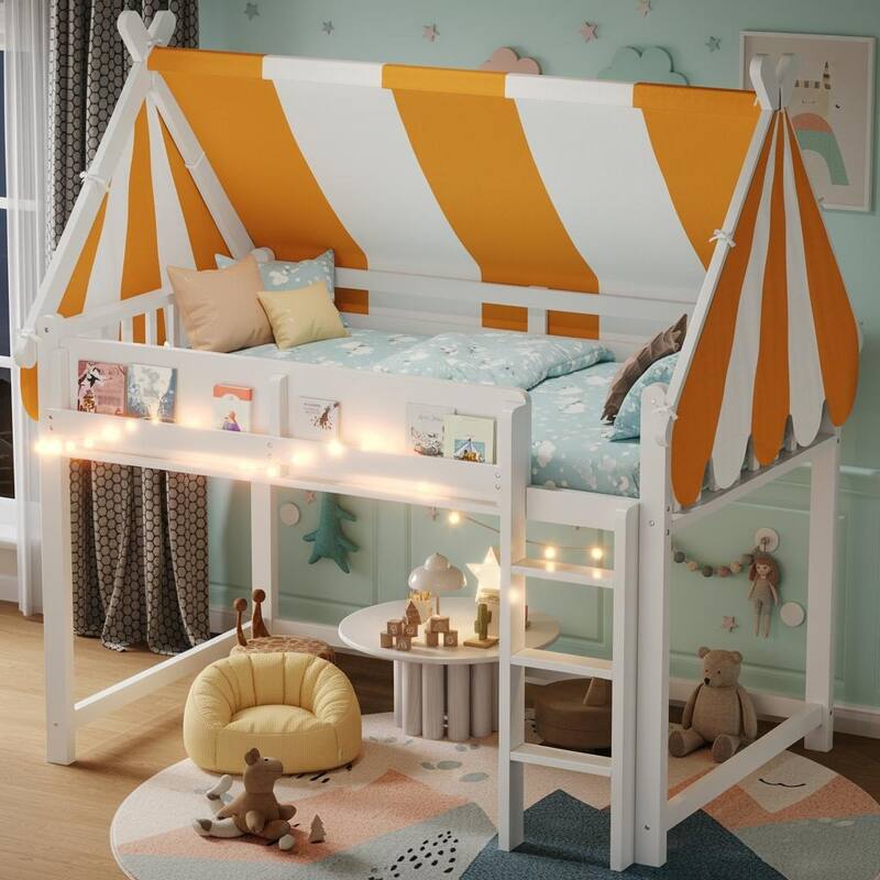 Loft Bed with Canopy, LED Fairy Lights & Front Bookshelf by Harper&Bright Designs - White - Full