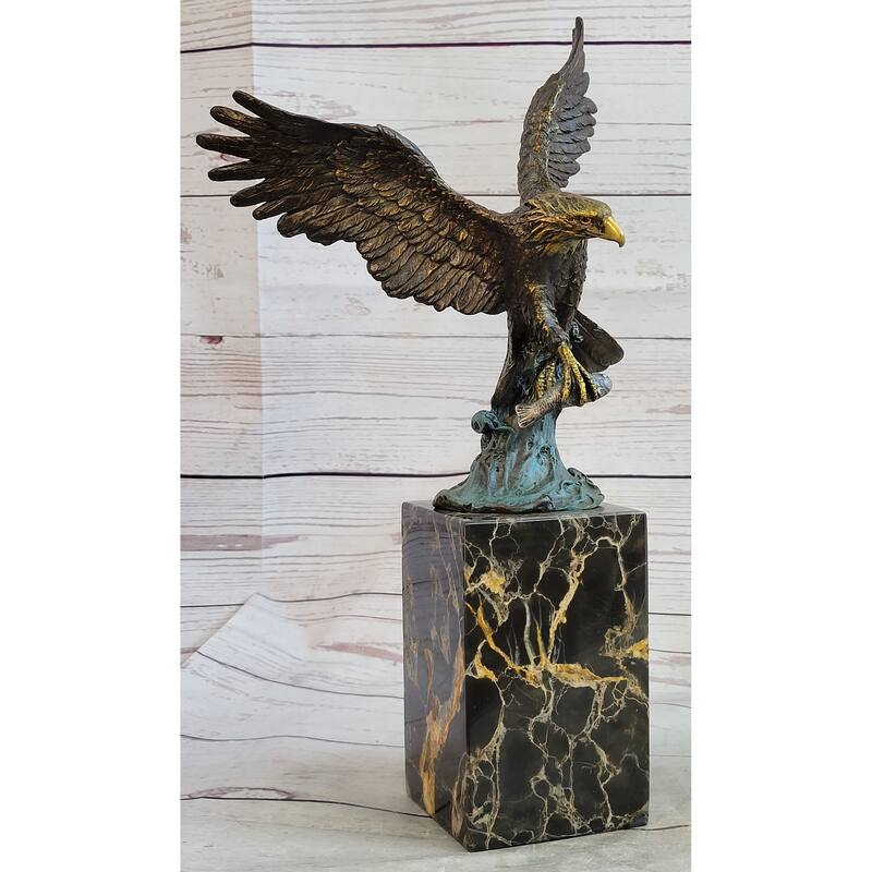 Flying Eagle Bird Catching Fish Bronze Statue Sculpture Signed Art On Marble Base
