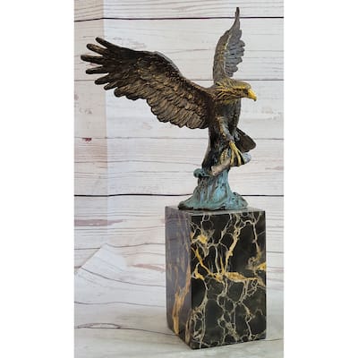Flying Eagle Bird Catching Fish Bronze Statue Sculpture Signed Art On Marble Base