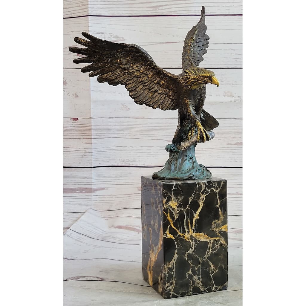 Flying Eagle Bird Catching Fish Bronze Statue Sculpture Signed Art On Marble Base