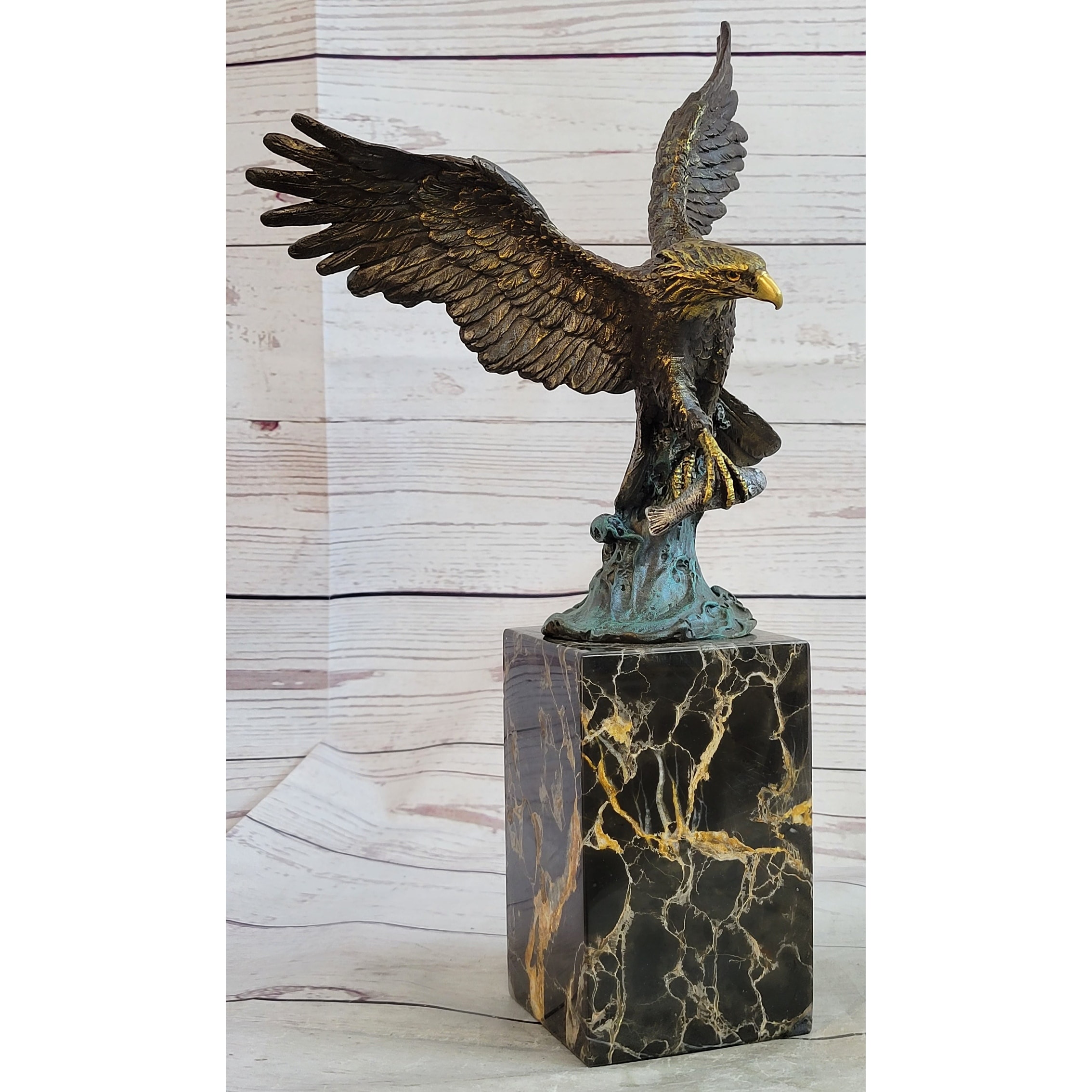 Flying Eagle Bird Catching Fish Bronze Statue Sculpture Signed Art On Marble Base
