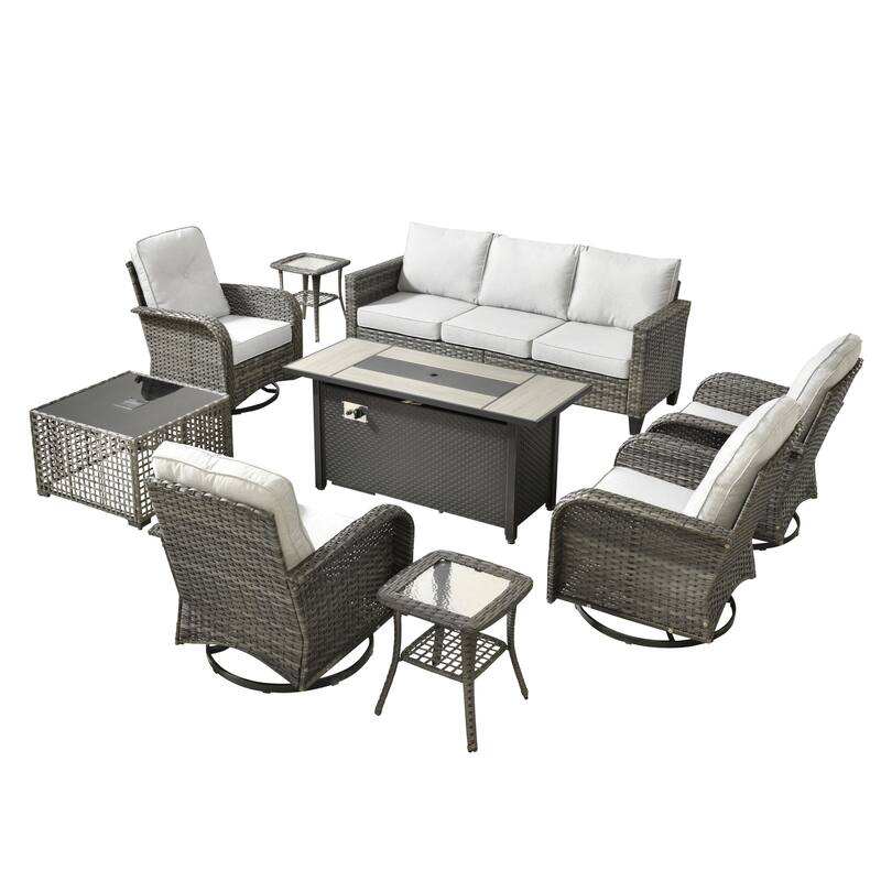 HOOOWOOO 9-piece Grey Wicker Outdoor Fire pit Set with Swivel Chairs