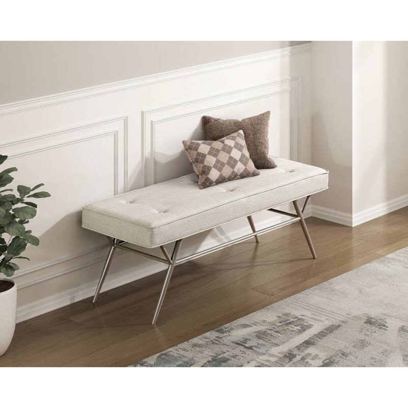 Contemporary Upholstered Bench Beige Tufted Seat Plush Comfort Home Furniture 1pc Entryway Bench Metal Legs Champagne Finish