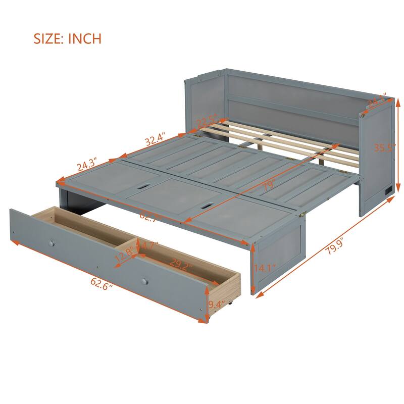 Queen Size 2-in-1 Murphy Bed Cabinet with Space Saving Design with Built in USB/Power Outlets, Large Storage Drawer