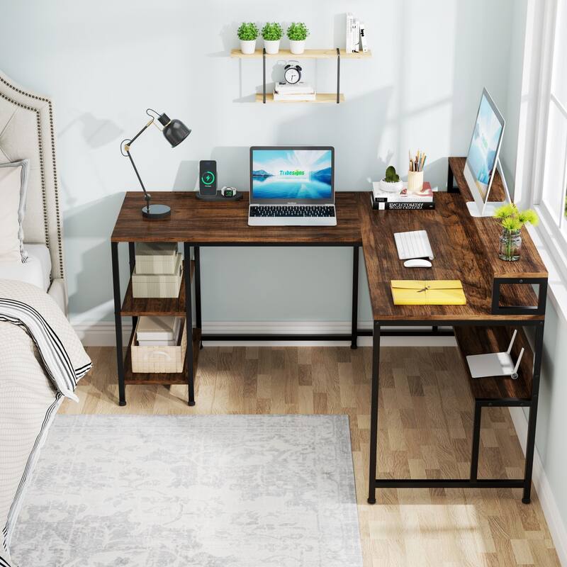 59-Inch Reversible L Shaped Computer Desk with Monitor Shelf