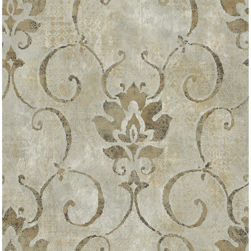 Seabrook Designs Brielle Damask Unpasted Wallpaper - 20.5 in. W x 33 ft. L - Metallic Silver and Taupe