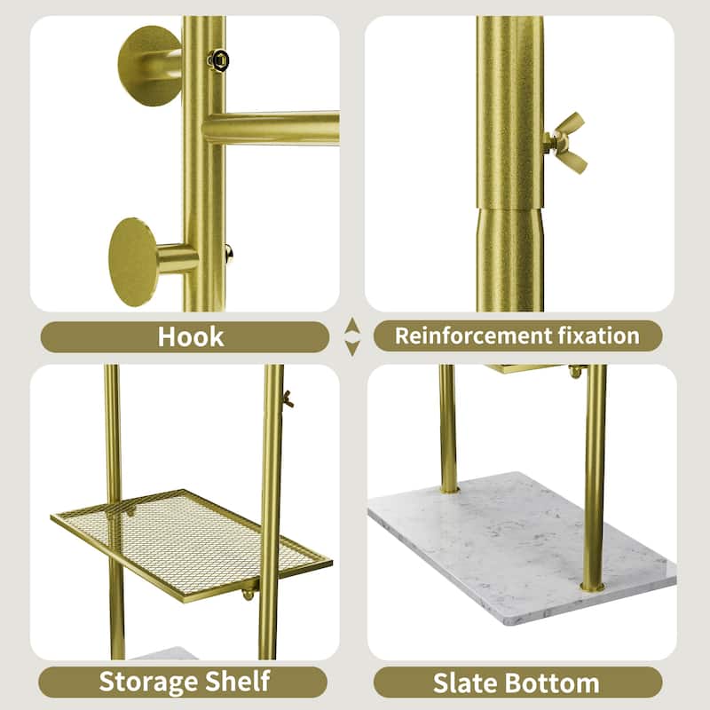 Freestanding Metal Corner Clothes Stand Coat Rack with 4 Hooks Gold