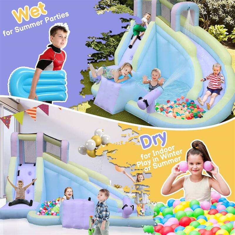157" L X 118" W Inflatable Bounce House With 550W Air-Blower, Long Water Slide, Surf Slide - N/A