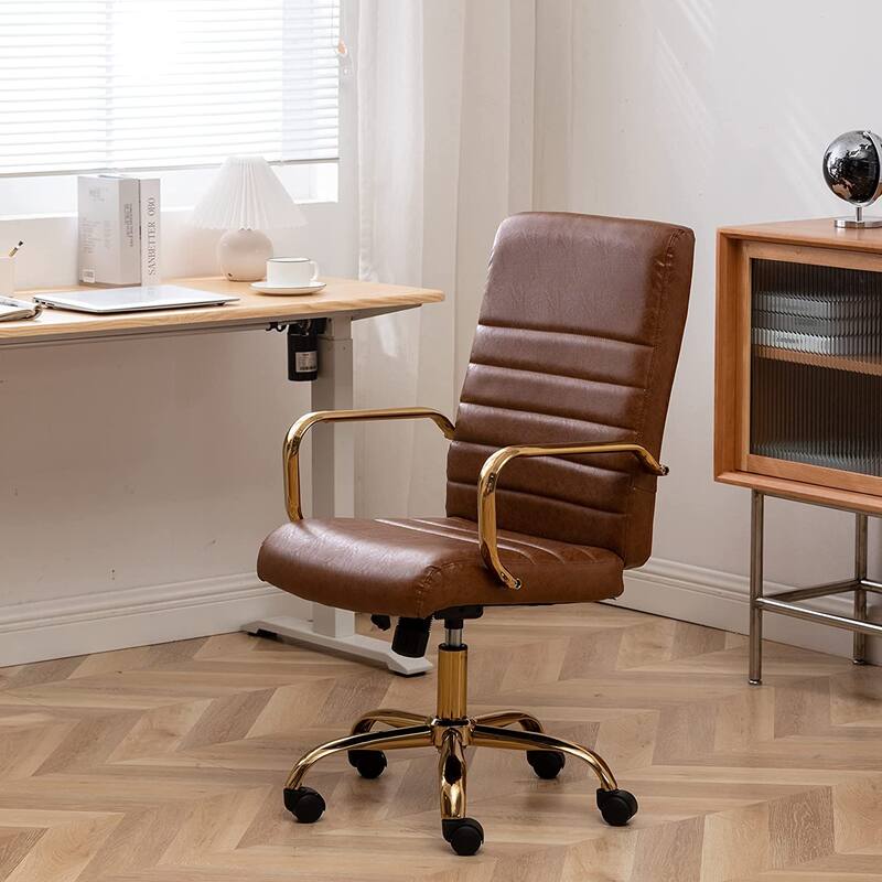 Brown Vintage Adjustable Home Office Faux Leather Golden Arms Executive Chair High Back Manager Desk Armchair