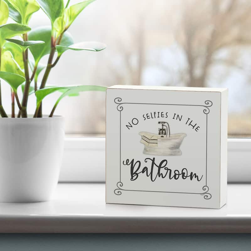 Wood Block Décor Message No Selfies Sign, 3.75 inches Square, Made in The USA - Multi-55
