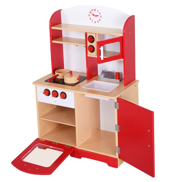 red wooden toy kitchen