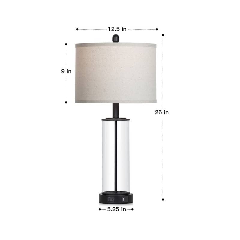 26'' Black Modern Cylinder Table Lamp with USB-C Fast Charging, Dimmable LED, 3-Way Touch(Set of 2) - 12.5'' x 12.5'' x 26''