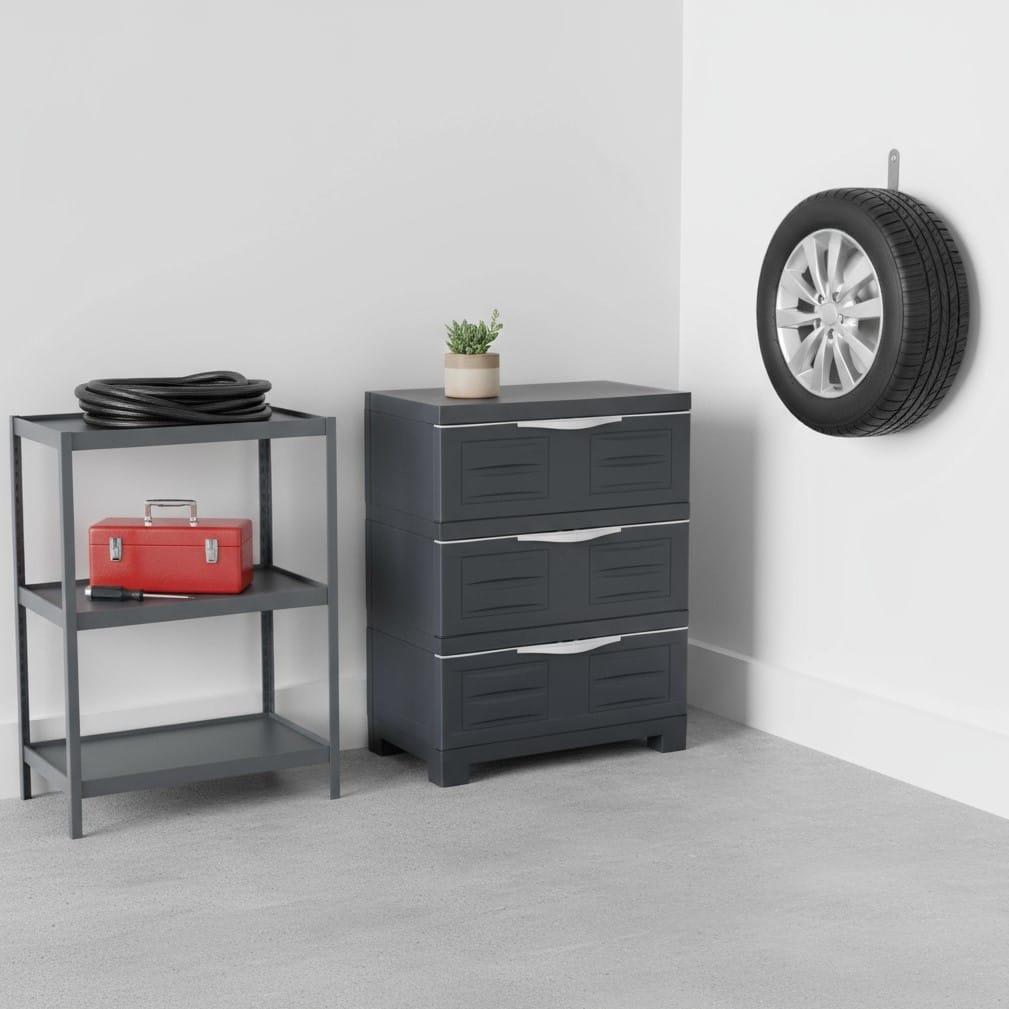 HomeRoots 30" Dark Gray Heavy Duty Plastic Three Drawer Utility Cabinet - 23.25 in. x 29.50 in. x 14.00 in.
