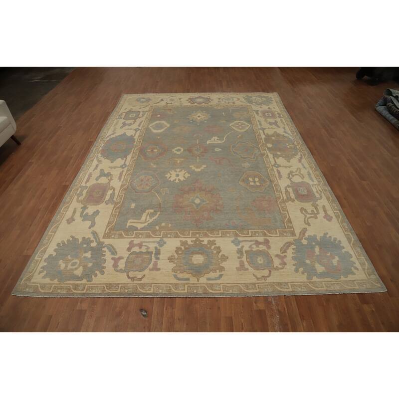 Hand Knotted Oriental 100% Wool Carpet Transitional All-Over Greys & Charcoal Oushak Area Rug - 13' 7'' X 9' 8''
