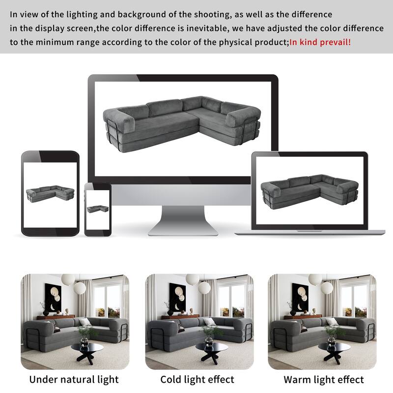 L-Shaped Modular Sectional Sofa with Chaise, Corduroy Convertible Sleeper Sofa Bed, High-Resilience Foam Compressed Sofa