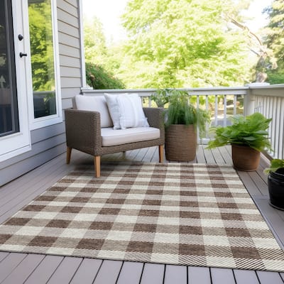 Machine Washable Indoor/ Outdoor Chantille Plaid Stripe Rug