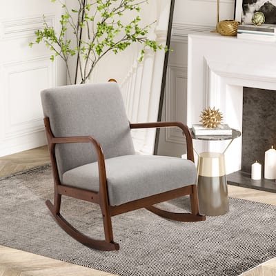 Grey Linen Wood Rocking Chair with Cushioned Seat and Curved Base - 25.25" W x 33.75" D x 31.5" H
