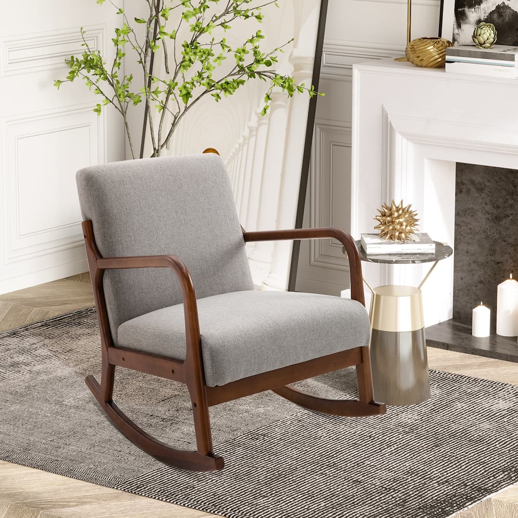 Grey Linen Wood Rocking Chair with Cushioned Seat and Curved Base - 25.25" W x 33.75" D x 31.5" H