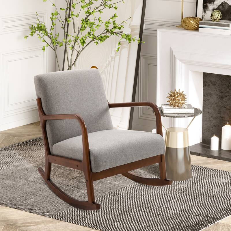 Grey Modern 25.3" High Back Upholstered Rocking Chair with Solid Curved Wood Base and Linen Padded Seat
