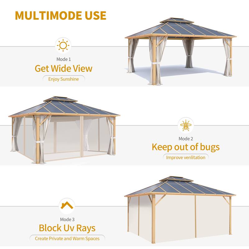 Aluminum Hardtop Gazebo for Patio, Outdoor Waterproof Pavilion with Netting and Curtains, Weather-Resistant Canopy for Backyard.