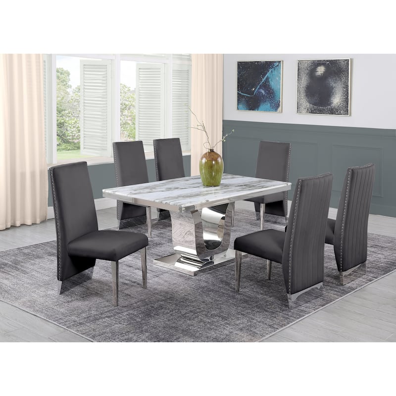 Best Quality White Marble 5 or 7 piece w/Pleated Chairs - 1 Table + 6 Chairs - Dark Grey