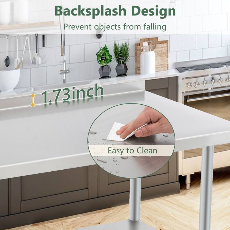 Profeeshaw Stainless Steel Work Table with Backsplash & Adjustable Shelf for Commercial Use - 48"L x 30"W x 37"H